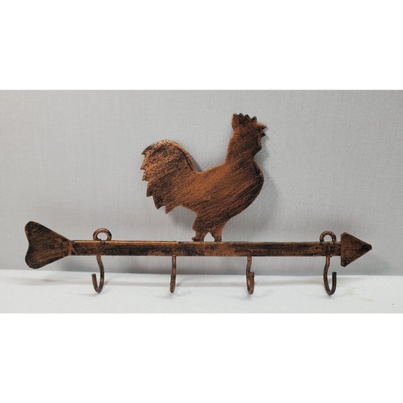 Rooster Metal Arrow Key Hanger 4 Hooks Wall Decor Brass Color Farmhouse Rustic - Picture 1 of 11